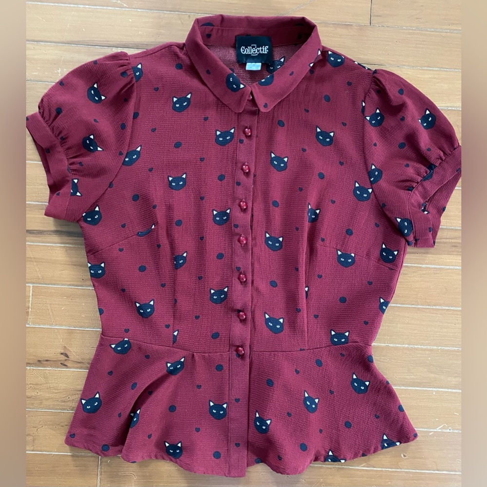 Flattering Cat Print Pinup Style Peplum Blouse- NEW ❤️